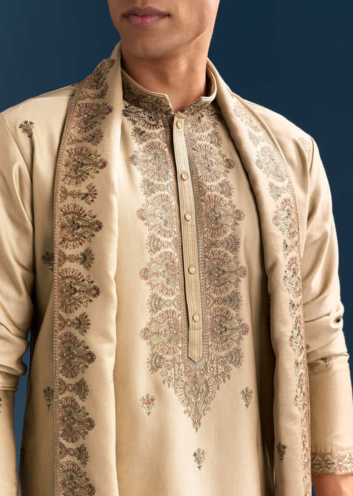 Beige Silk Kurta Set For Men With Thread Embroidery