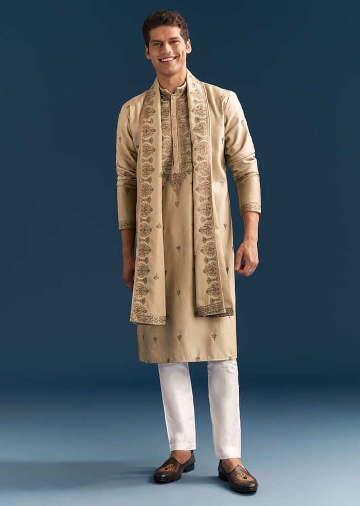 Beige Silk Kurta Set For Men With Thread Embroidery