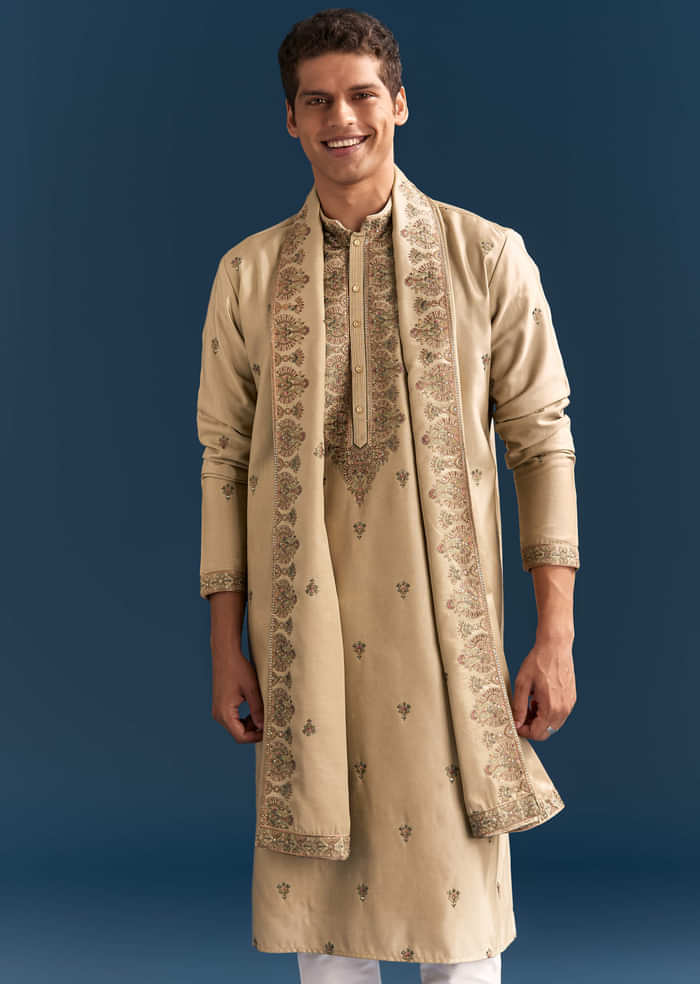 Beige Silk Kurta Set For Men With Thread Embroidery