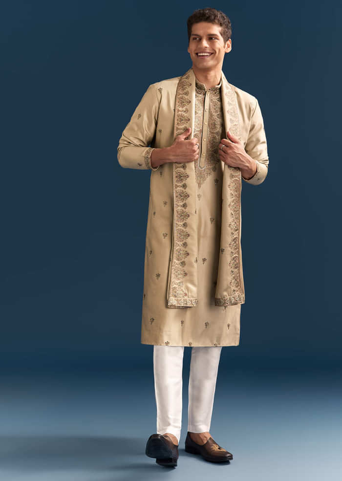 Beige Silk Kurta Set For Men With Thread Embroidery