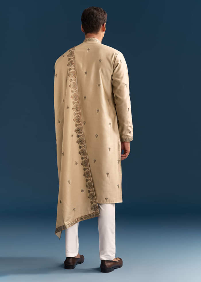 Beige Silk Kurta Set For Men With Thread Embroidery