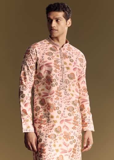 Beige Silk Kurta Set With Floral Foil Accents And Stone Detailing