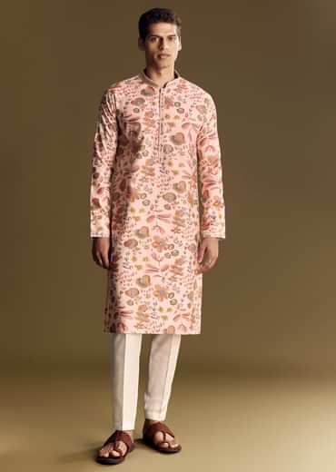 Beige Silk Kurta Set With Floral Foil Accents And Stone Detailing