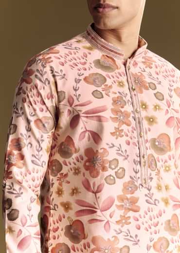 Beige Silk Kurta Set With Floral Foil Accents And Stone Detailing