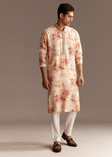 Beige Silk Linen Floral Embroidered Kurta Set
