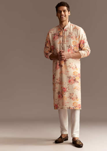 Beige Silk Linen Floral Embroidered Kurta Set