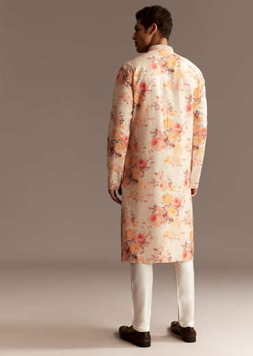 Beige Silk Linen Floral Embroidered Kurta Set