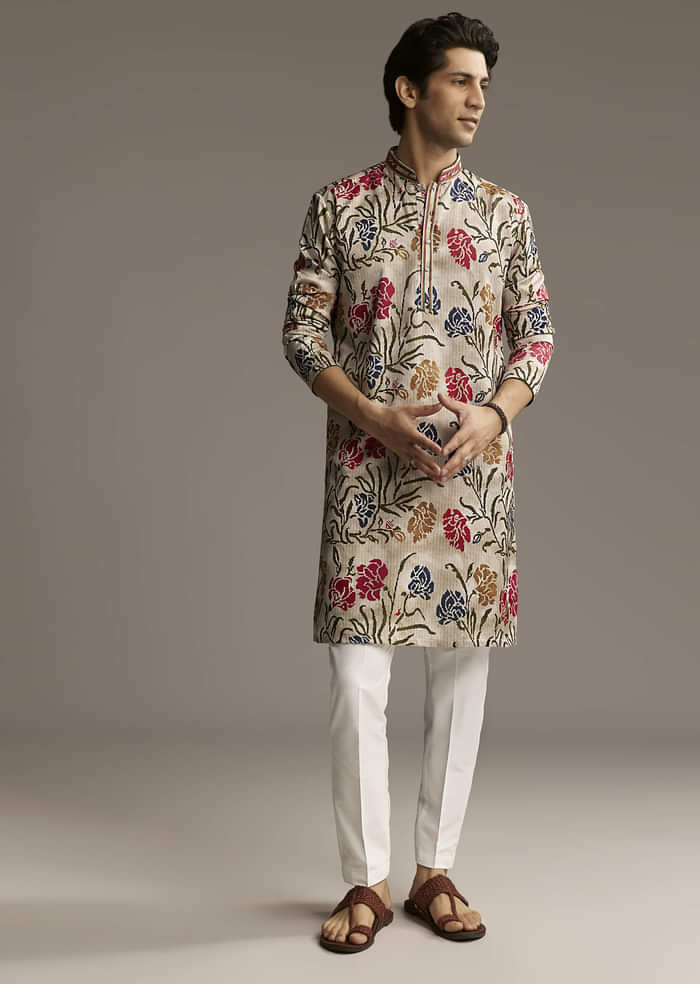 Beige Silk Printed Designer Kurta For Men With Floral Print