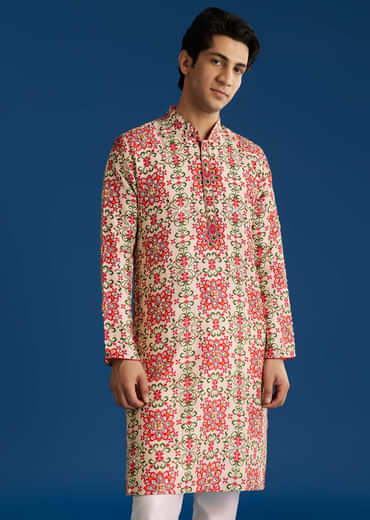 Beige Silk Stone Cutdana Embroidered Kurta Set
