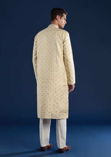 Beige Straight Kurta and Pant Set in Jacquard