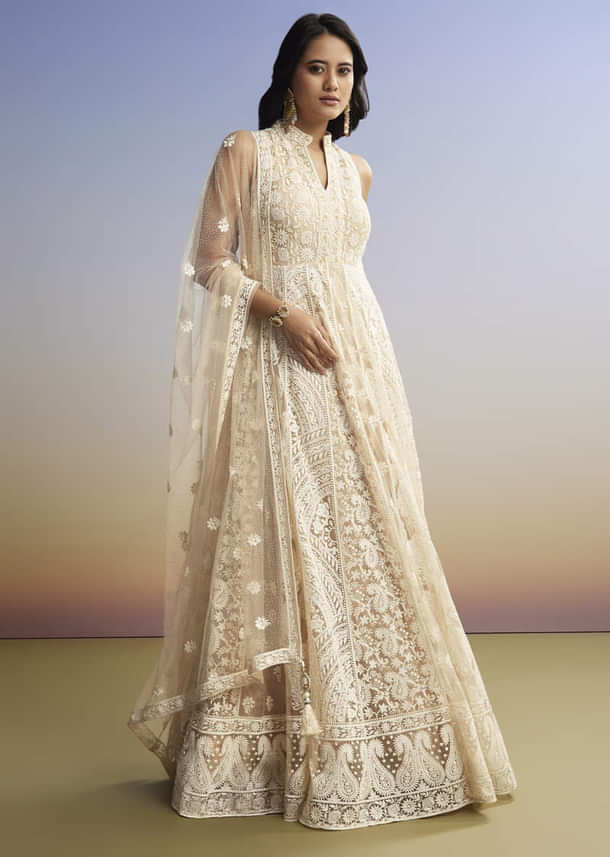Beige Threadwork Anarkali With Dupatta Beige Threadwork Anarkali With Dupatta