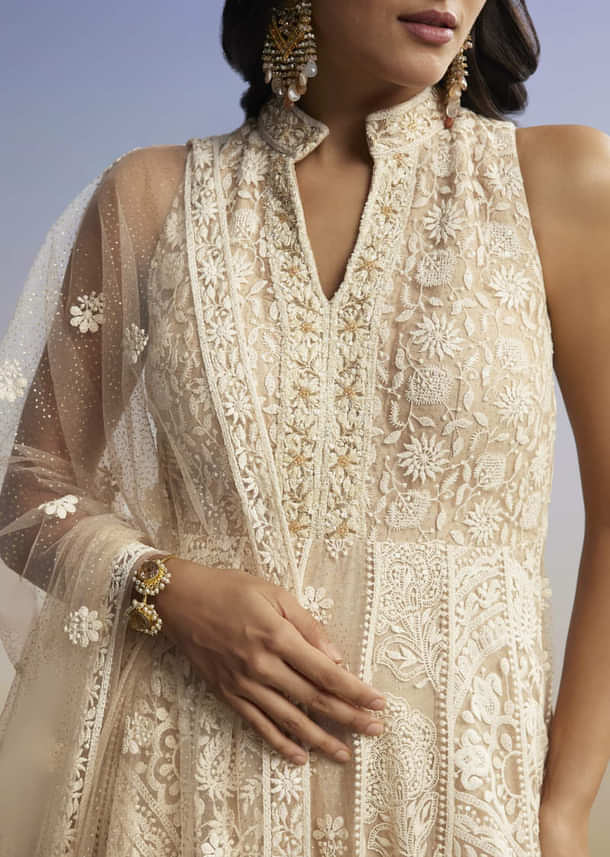 Beige Threadwork Anarkali With Dupatta Beige Threadwork Anarkali With Dupatta