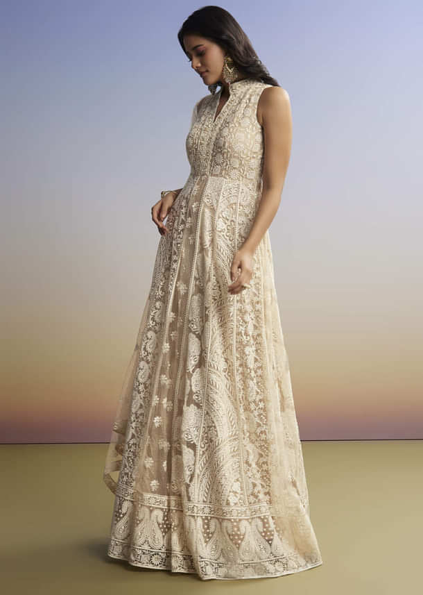 Beige Threadwork Anarkali With Dupatta Beige Threadwork Anarkali With Dupatta