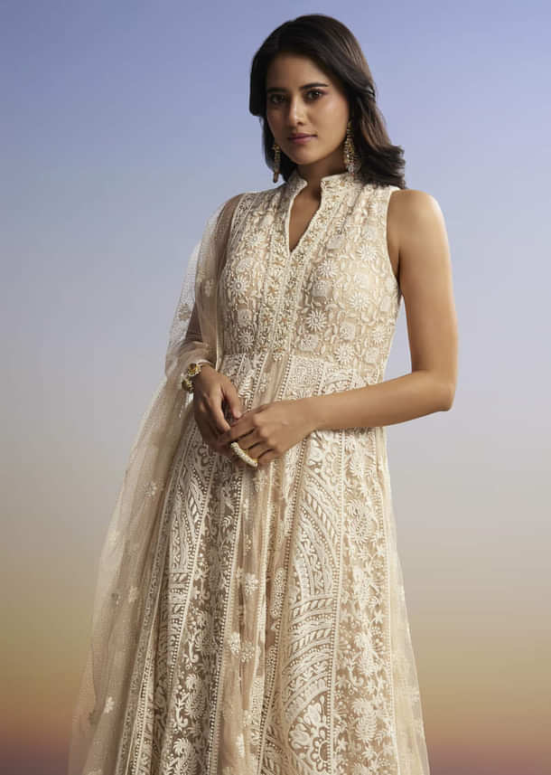 Beige Threadwork Anarkali With Dupatta Beige Threadwork Anarkali With Dupatta