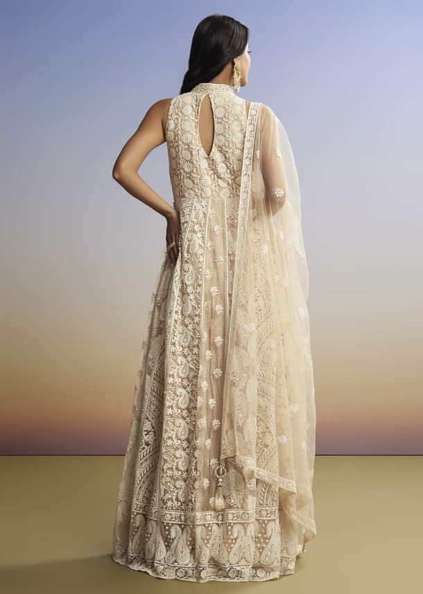 Beige Threadwork Anarkali With Dupatta Beige Threadwork Anarkali With Dupatta
