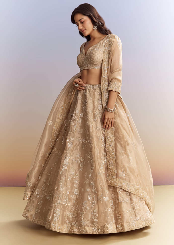 Beige Tissue Bridesmaid Lehenga With Heavy Embroidery