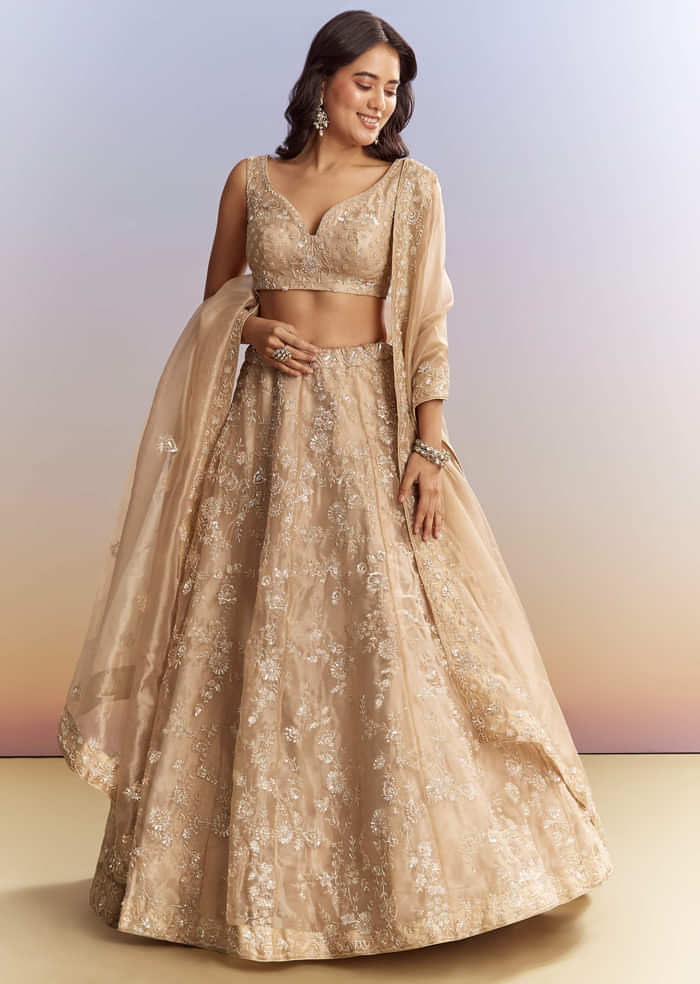 Beige Tissue Bridesmaid Lehenga With Heavy Embroidery