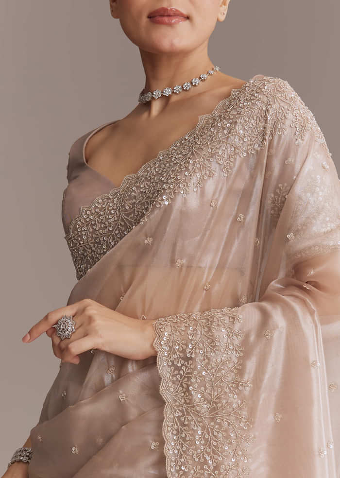 Beige Tissue Embroidered Saree With Cutwork Border