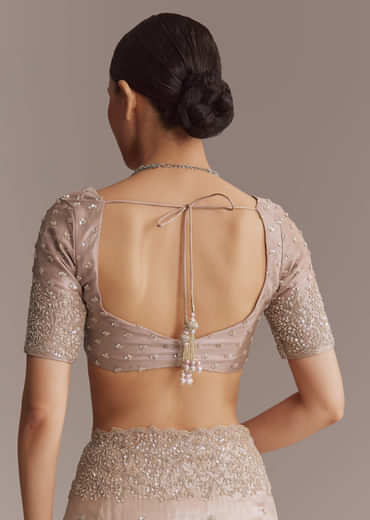 Beige Tissue Embroidered Saree With Cutwork Border