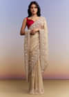 Beige Tissue Jacquard Saree With Heavy Hand Work