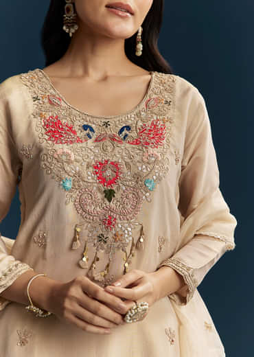 Beige Tissue Kurta Set With Zardosi And Patch Work