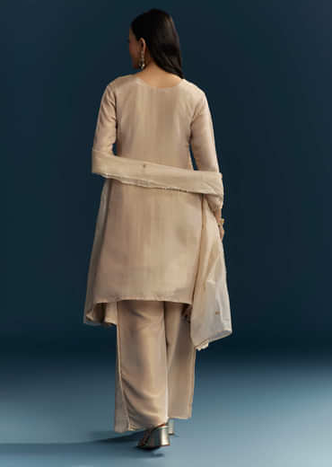Beige Tissue Kurta Set With Zardosi And Patch Work