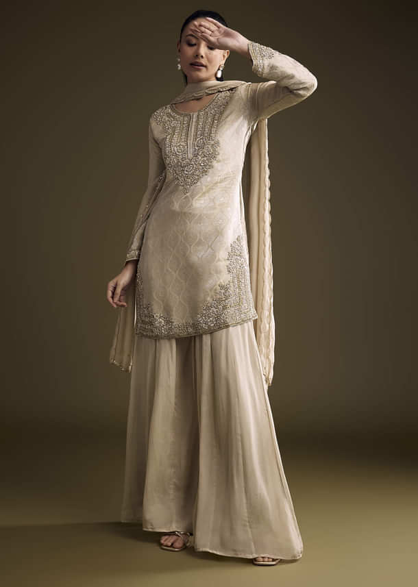 Beige Tissue Palazzo Suit With Banarasi Weave And Sequins Embroidery Beige Tissue Palazzo Suit With Banarasi Weave And Sequins Embroidery