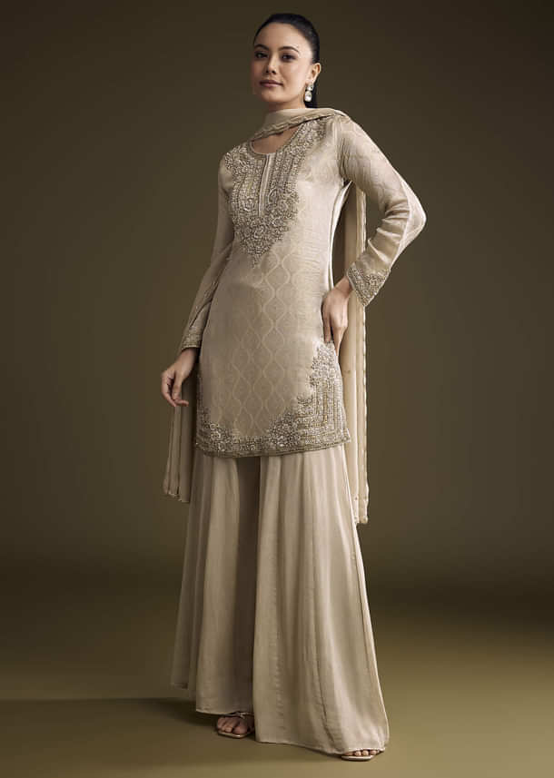 Beige Tissue Palazzo Suit With Banarasi Weave And Sequins Embroidery Beige Tissue Palazzo Suit With Banarasi Weave And Sequins Embroidery