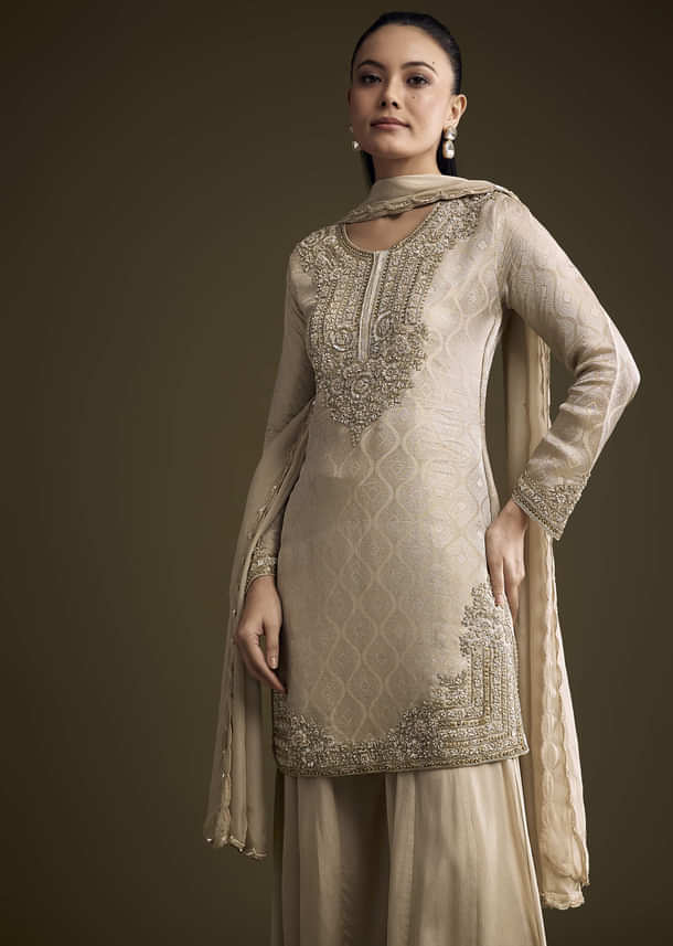 Beige Tissue Palazzo Suit With Banarasi Weave And Sequins Embroidery Beige Tissue Palazzo Suit With Banarasi Weave And Sequins Embroidery