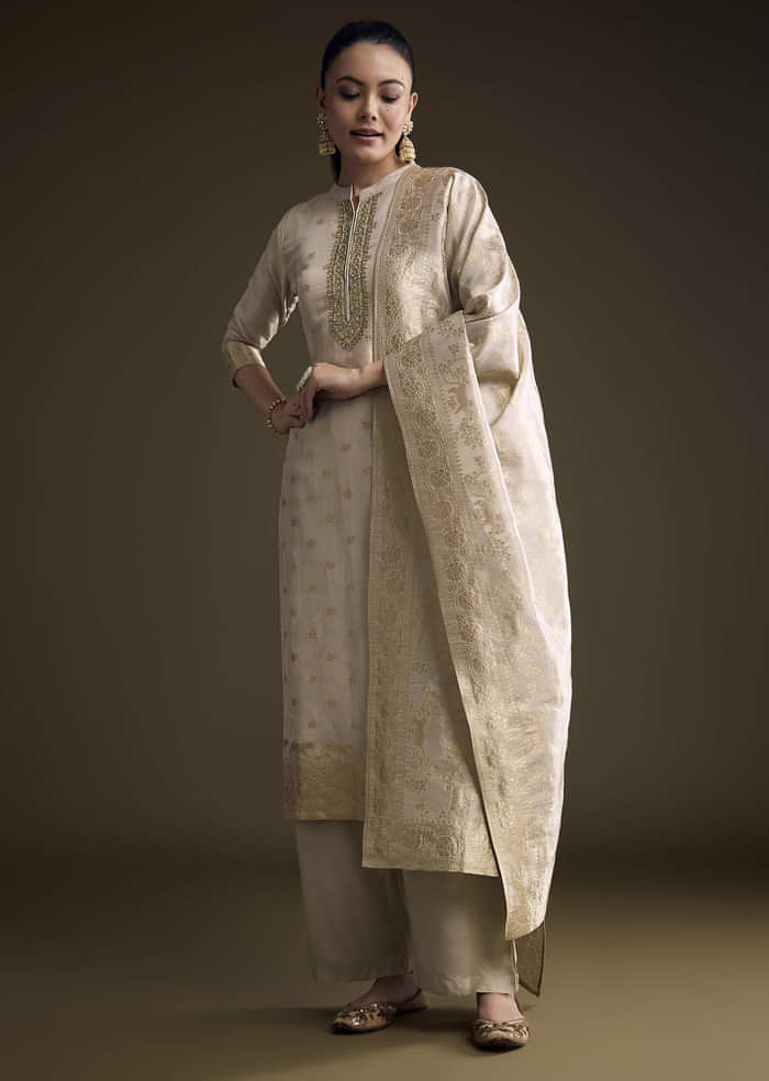 Beige Tissue Palazzo Suit With Banarasi Weave