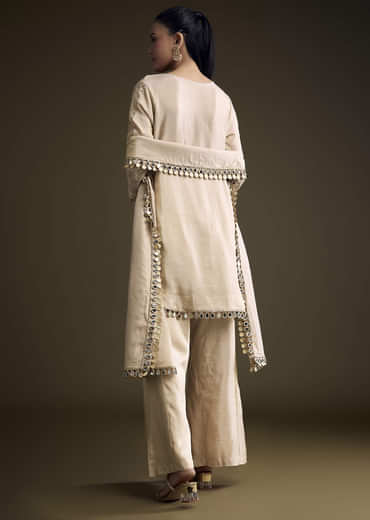 Beige Tissue Palazzo Suit With Mirror And Zari Embroidery