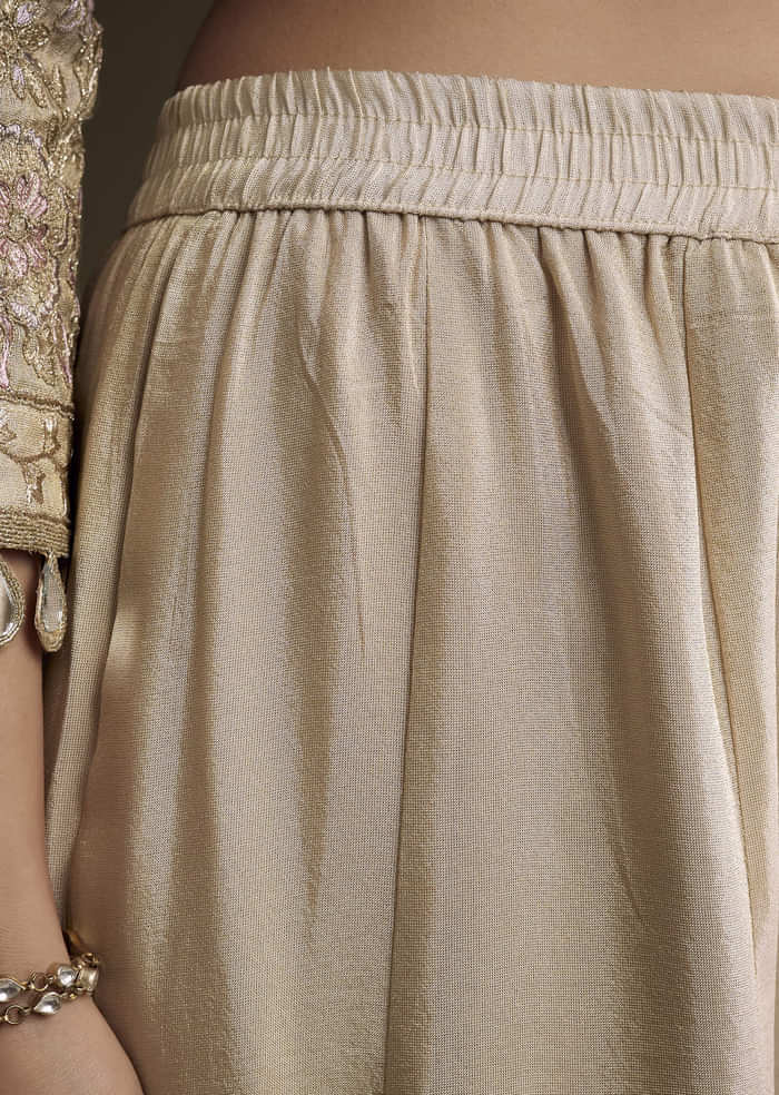 Beige Tissue Palazzo Suit With Mirror And Zari Embroidery