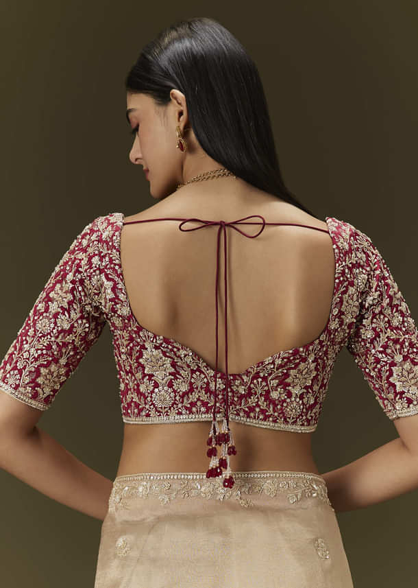 Beige Tissue Saree With Embroidered Brocade Blouse