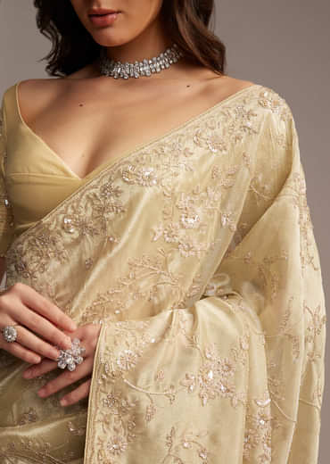 Beige Tissue Saree with Floral and Cutdana Embroidery