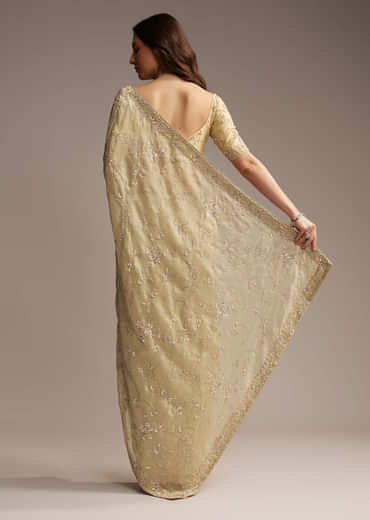 Beige Tissue Saree with Floral and Cutdana Embroidery