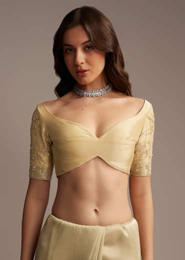 Beige Tissue Saree with Floral and Cutdana Embroidery