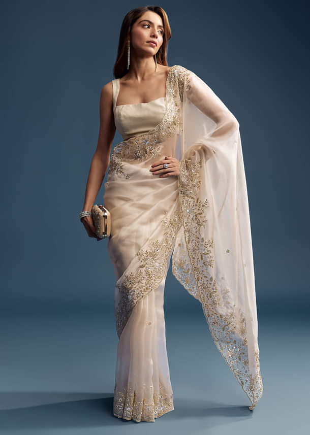 Beige Tissue Saree With Golden Floral Embroidery