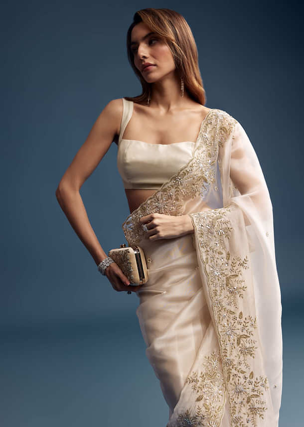 Beige Tissue Saree With Golden Floral Embroidery