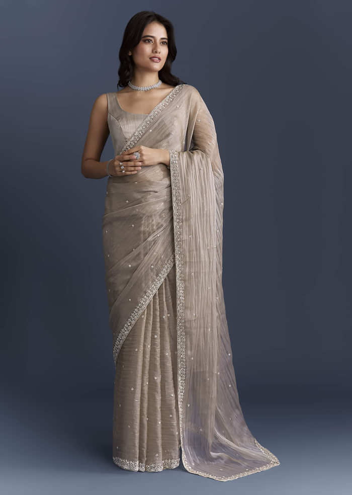 Beige Tissue Saree With Heavy Hand Embroidery