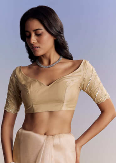 Beige Tissue Saree With Scallop Border And All Over Floral Embroidery
