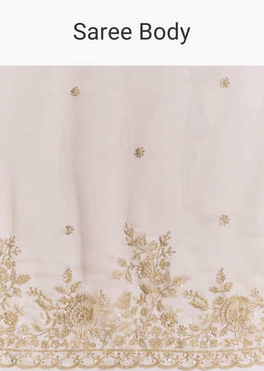 Beige Tissue Saree With Scallop Border And All Over Floral Embroidery
