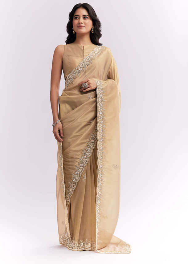Beige Tissue Silk Saree With Heavy Hand Embroidery Beige Tissue Silk Saree With Heavy Hand Embroidery