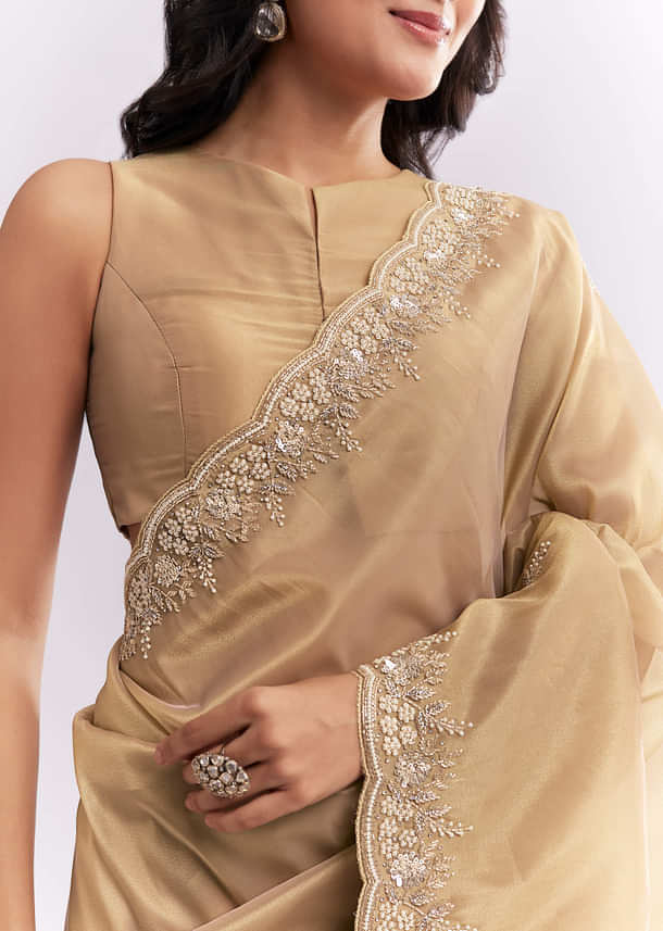 Beige Tissue Silk Saree With Heavy Hand Embroidery Beige Tissue Silk Saree With Heavy Hand Embroidery