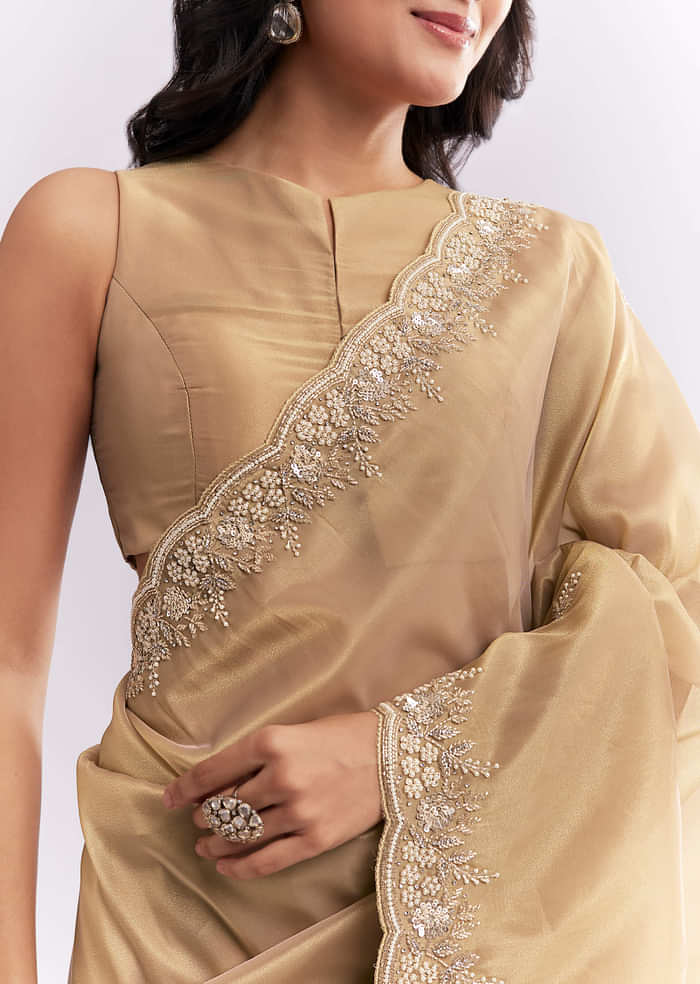 Beige Tissue Silk Saree With Heavy Hand Embroidery
