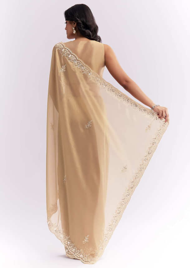 Beige Tissue Silk Saree With Heavy Hand Embroidery Beige Tissue Silk Saree With Heavy Hand Embroidery