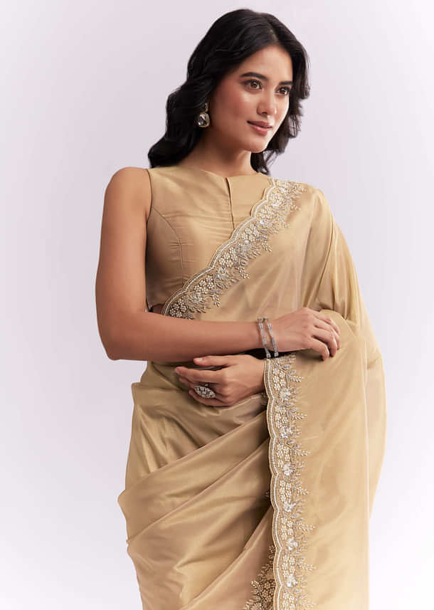 Beige Tissue Silk Saree With Heavy Hand Embroidery Beige Tissue Silk Saree With Heavy Hand Embroidery