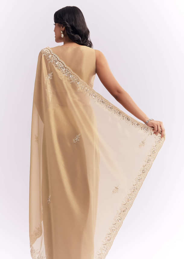 Beige Tissue Silk Saree With Heavy Hand Embroidery Beige Tissue Silk Saree With Heavy Hand Embroidery