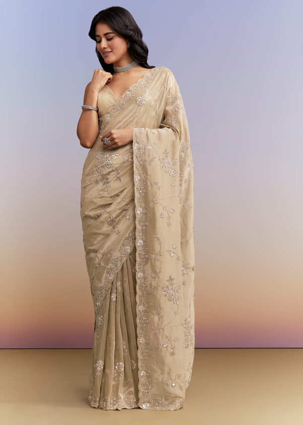 Beige Tissue Silk Saree With Heavy Hand Work Beige Tissue Silk Saree With Heavy Hand Work