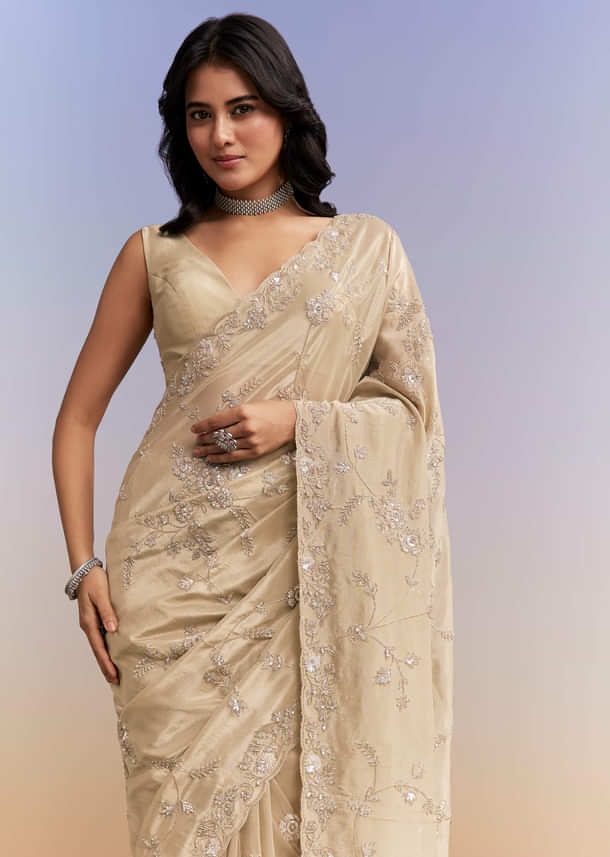 Beige Tissue Silk Saree With Heavy Hand Work Beige Tissue Silk Saree With Heavy Hand Work