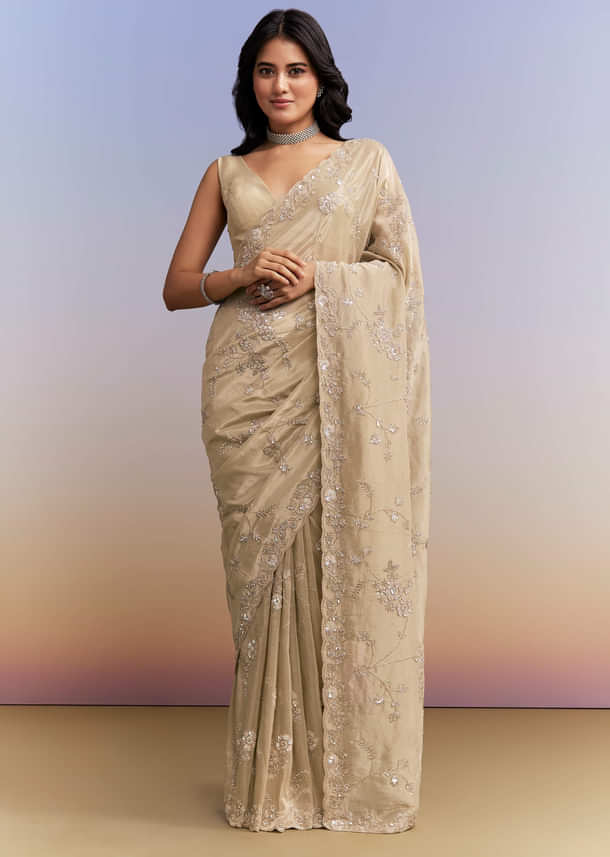 Beige Tissue Silk Saree With Heavy Hand Work Beige Tissue Silk Saree With Heavy Hand Work